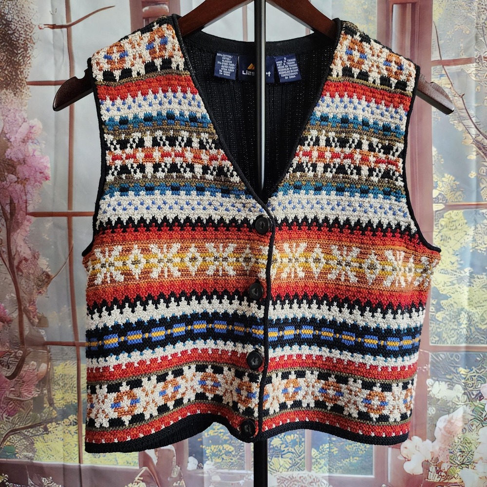 90s boho woven cotton abstract black fair isle cropped knit button down vest